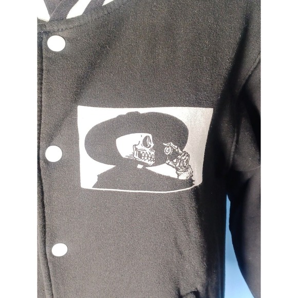 Vintage Goth Black Small Jacket Skull "Deaths Guiding Light" White Stripe - Picture 5 of 16